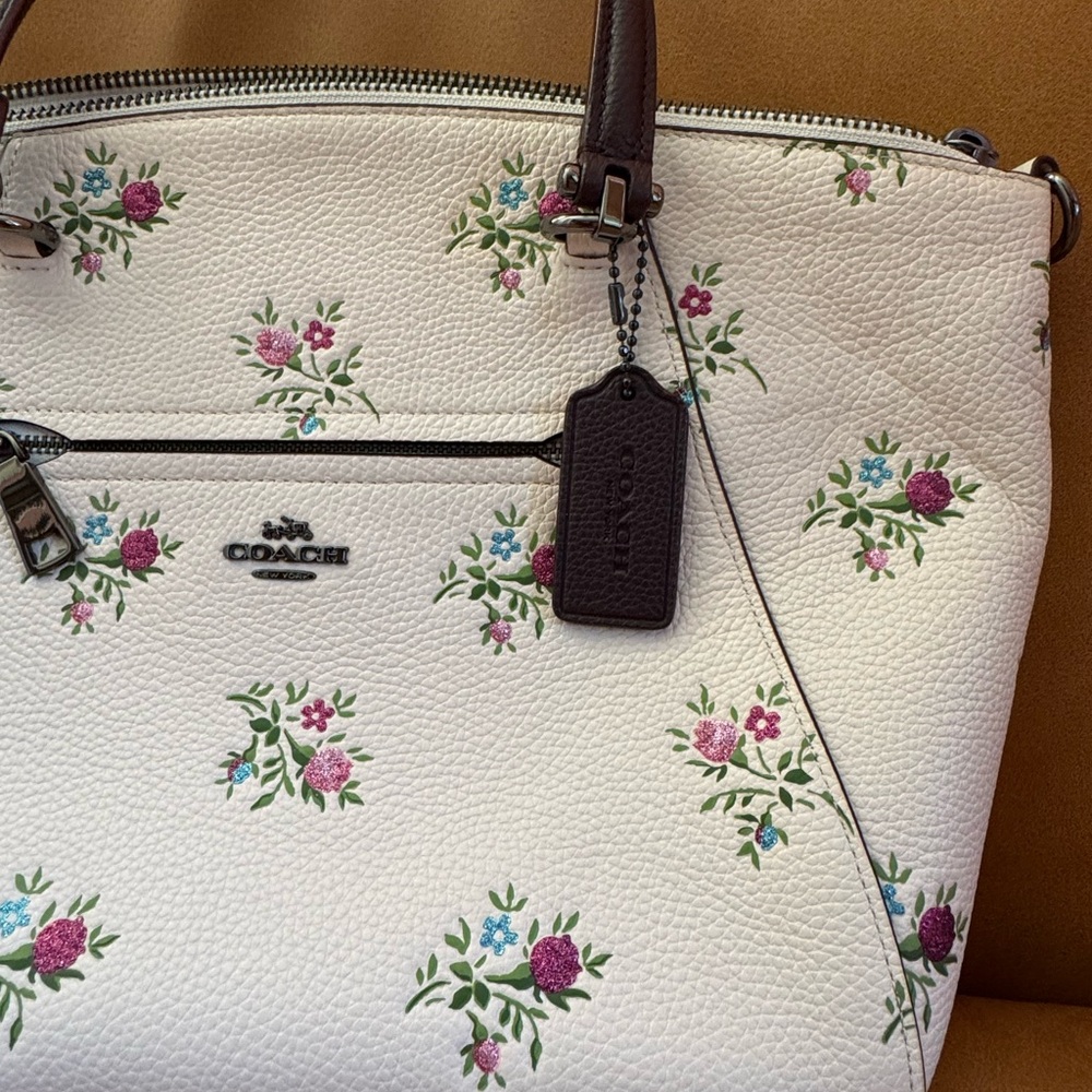 Cream Coach Prairie Satchel with Sparkly Floral Print